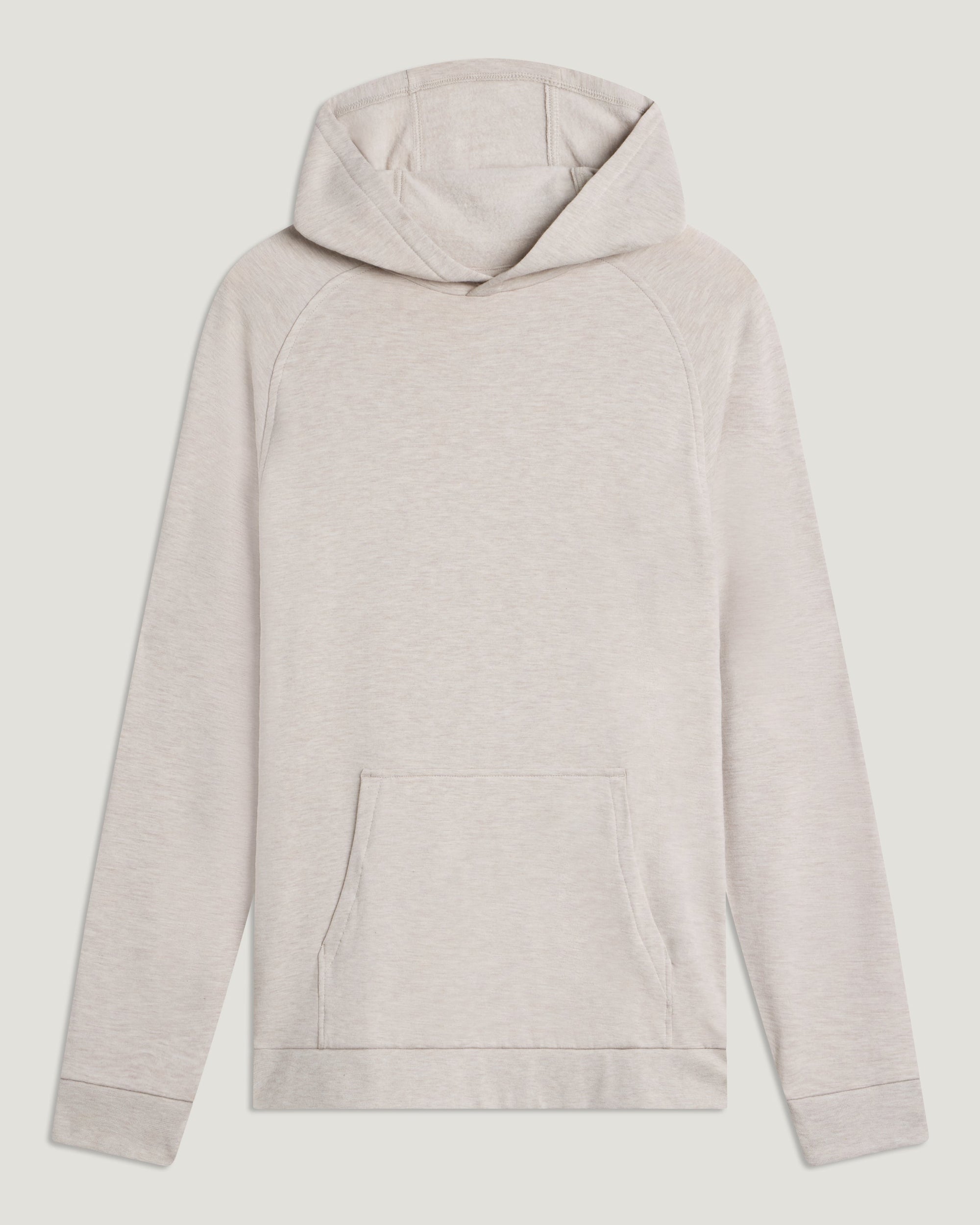 Men's pullover hoodie in heathered beige, flat lay view, kangaroo pocket and raglan sleeves