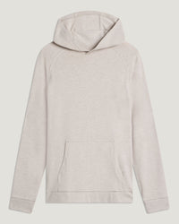 Men's pullover hoodie in heathered beige, flat lay view, kangaroo pocket and raglan sleeves
