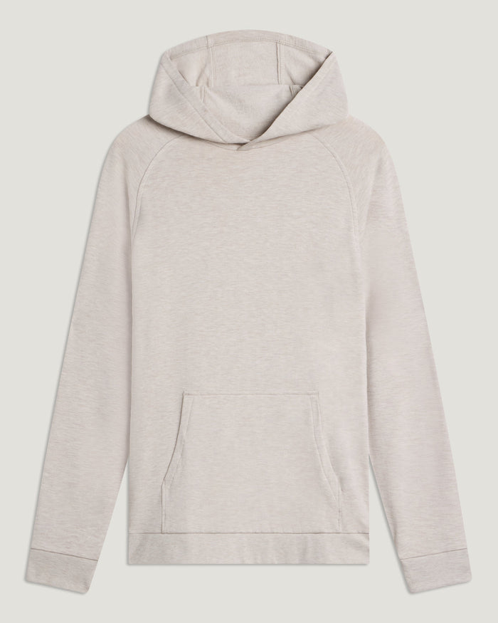 Men's pullover hoodie in heathered beige, flat lay view, kangaroo pocket and raglan sleeves