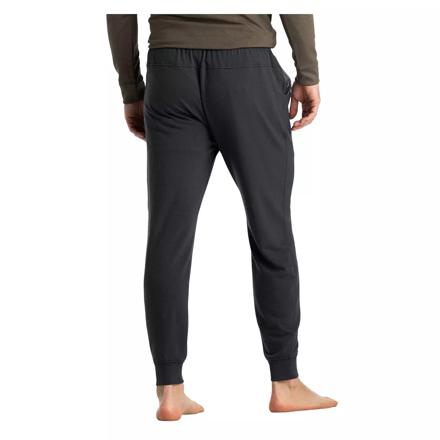 Men's jogger pants in dark charcoal, back view, with elastic waistband and ribbed cuffs