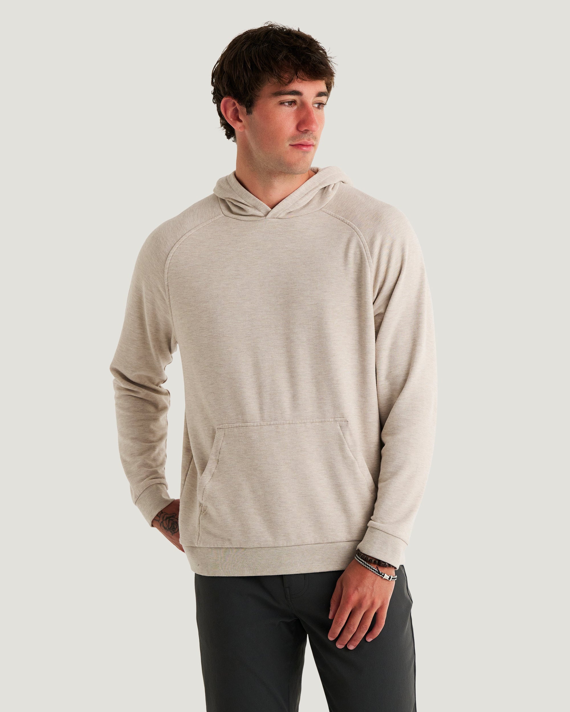 Men's lightweight pullover hoodie in heathered tan with kangaroo pocket, front view