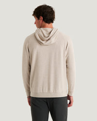 Men's lightweight fleece pullover hoodie, back view, heather beige tone with raglan sleeves