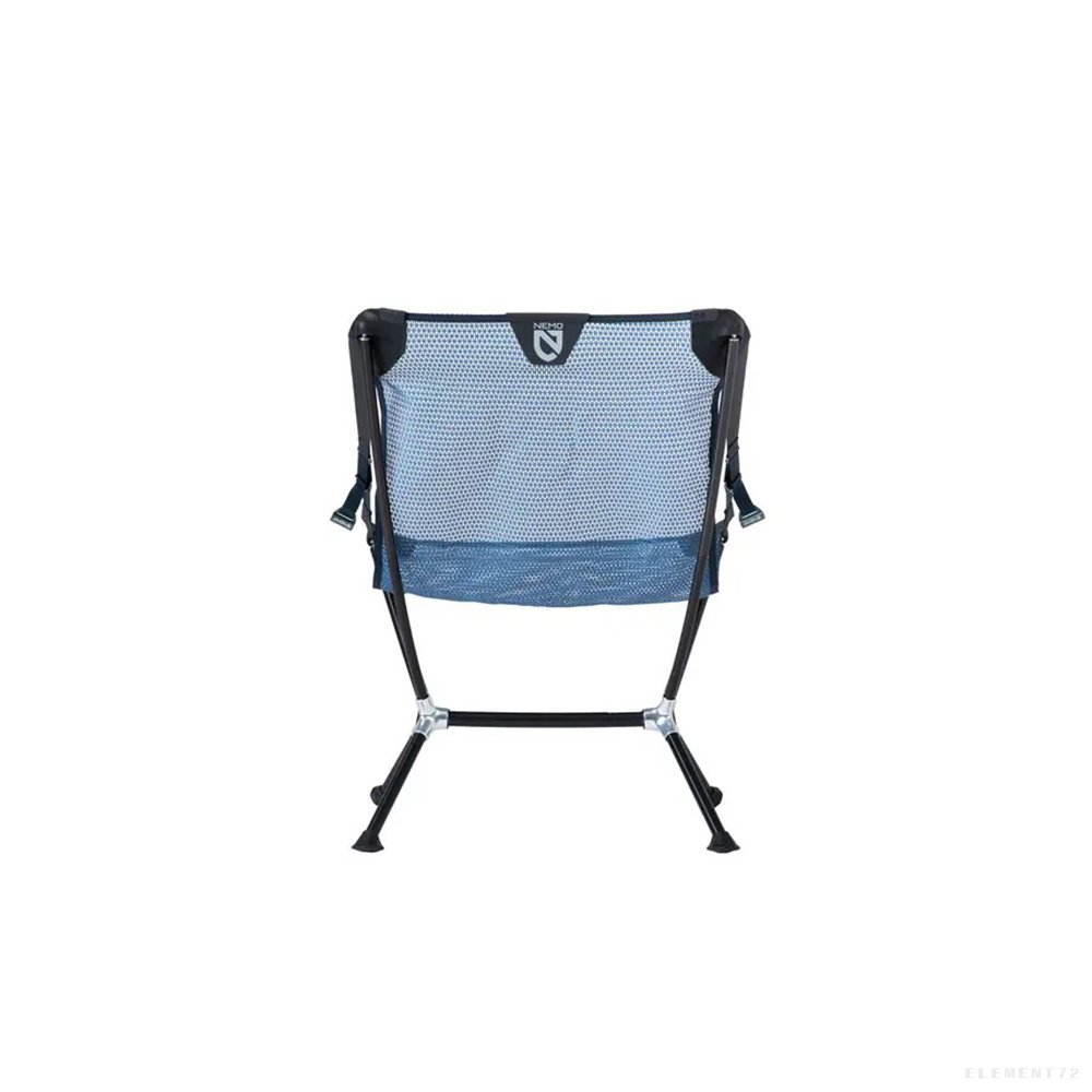 Lightweight camping chair with blue mesh fabric seat and black aluminum frame