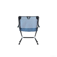 Lightweight camping chair with blue mesh fabric seat and black aluminum frame