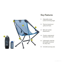 Lightweight camping chair with mesh seat, aluminum frame, and numbered feature callouts plus carrying case