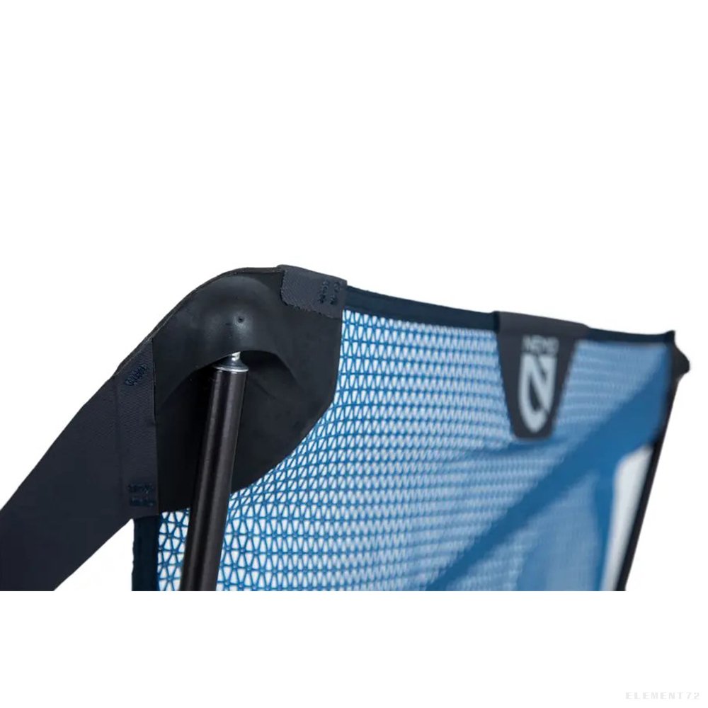 Reclining camp chair detail showing blue mesh fabric and black frame construction