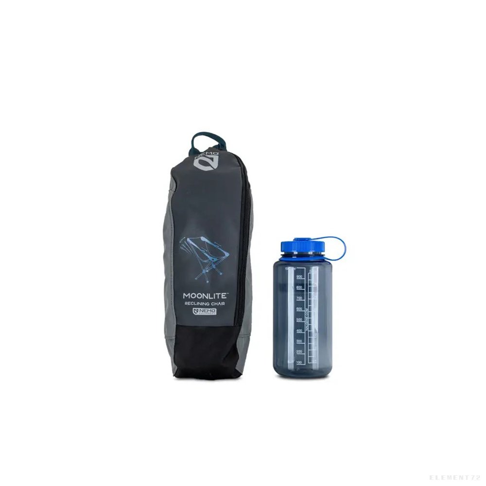 Portable camping chair in carrying bag with water bottle for size reference