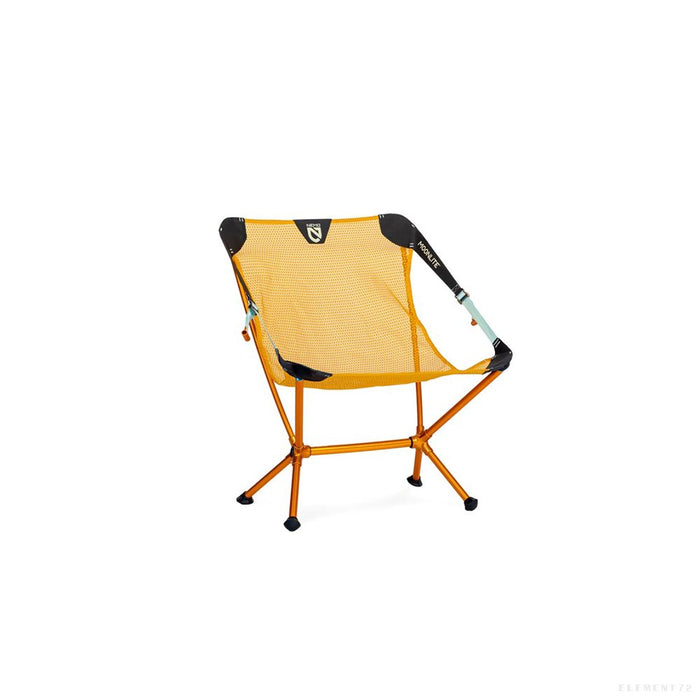 Lightweight camping chair with orange aluminum frame and golden mesh seat on white background