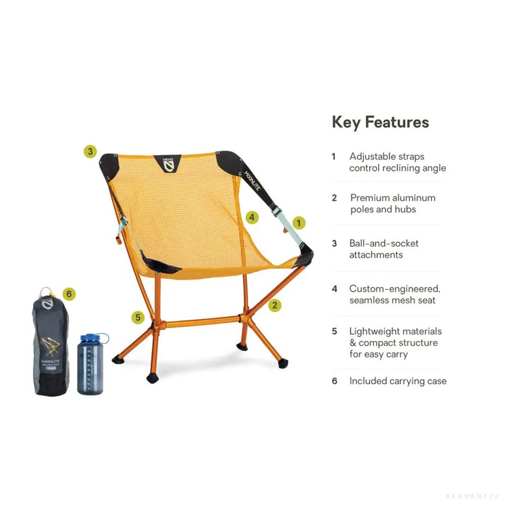 Orange camping chair with labeled features and carrying case shown beside water bottle