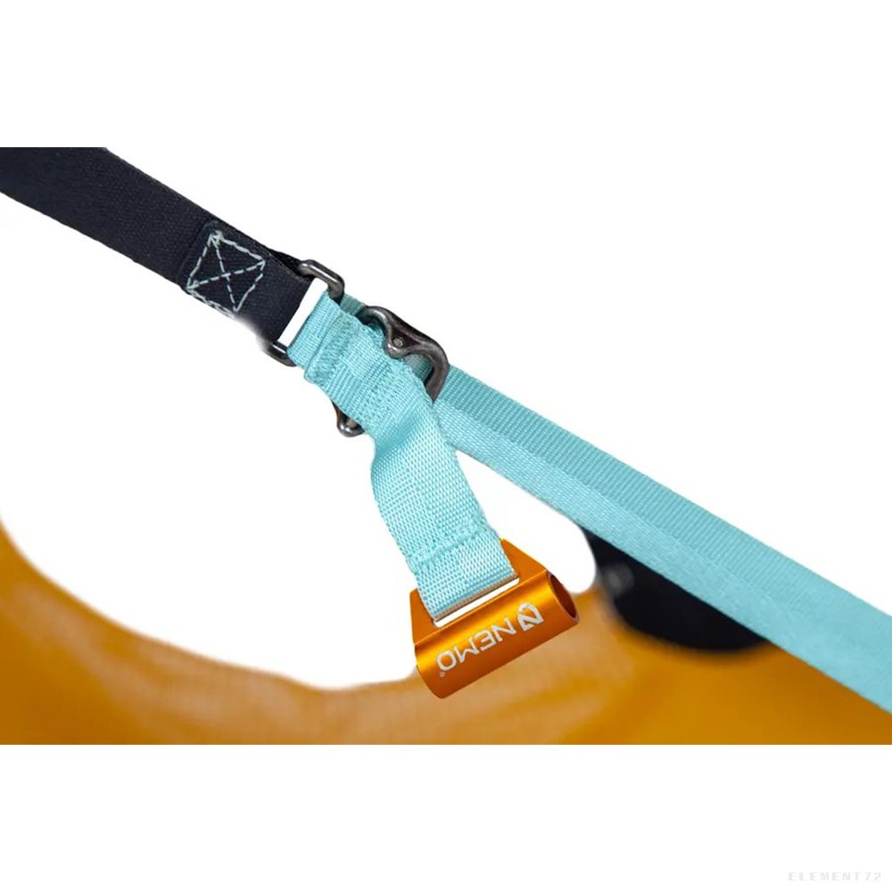 Close-up detail of orange camping chair with light blue adjustment straps and metal hardware
