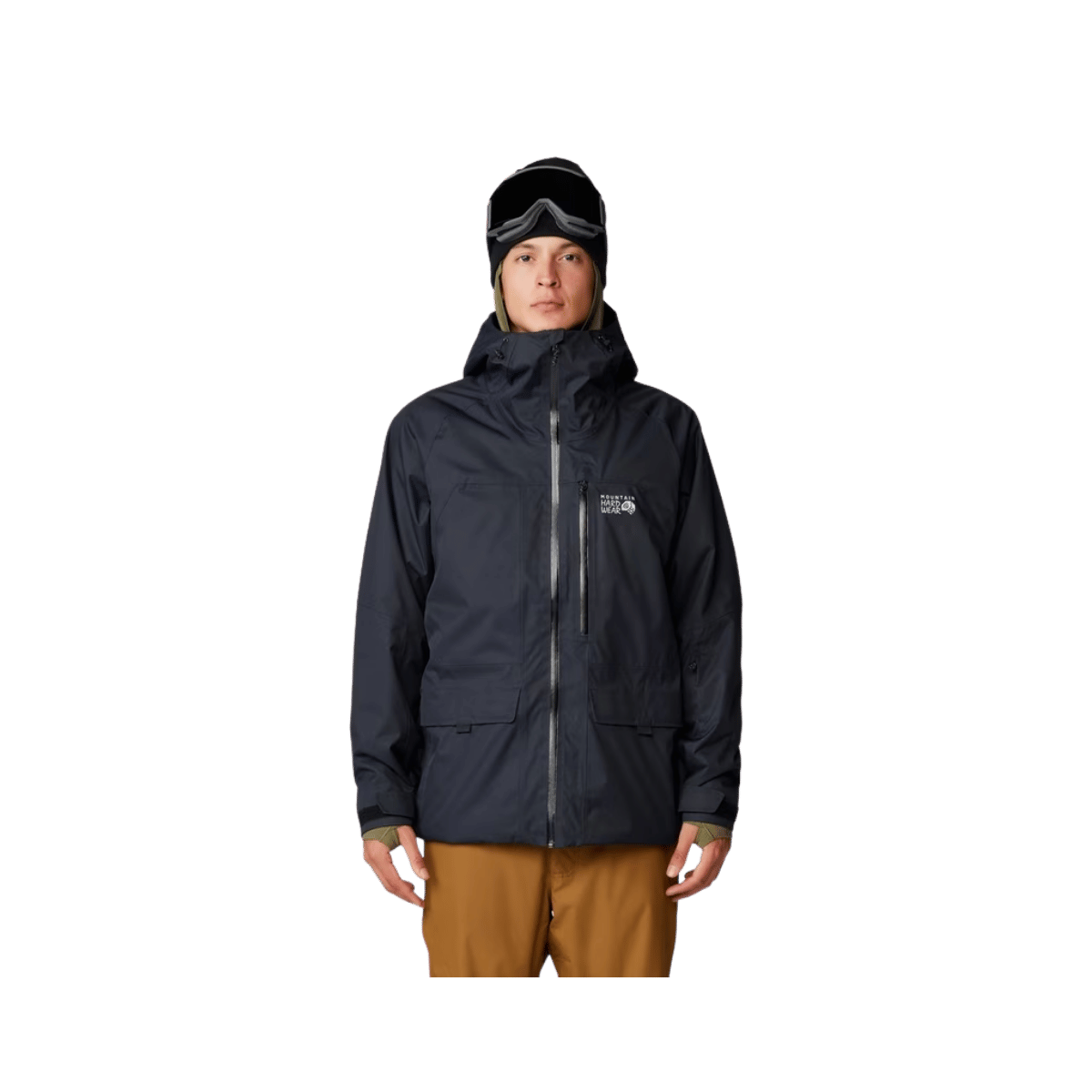 Men's insulated ski jacket in dark color, front view, with hood and multiple chest zippers