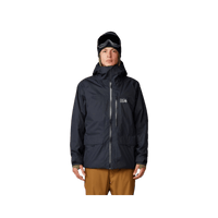 Men's insulated ski jacket in dark color, front view, with hood and multiple chest zippers
