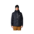 Men's insulated ski jacket in dark color, front view, with hood and multiple chest zippers