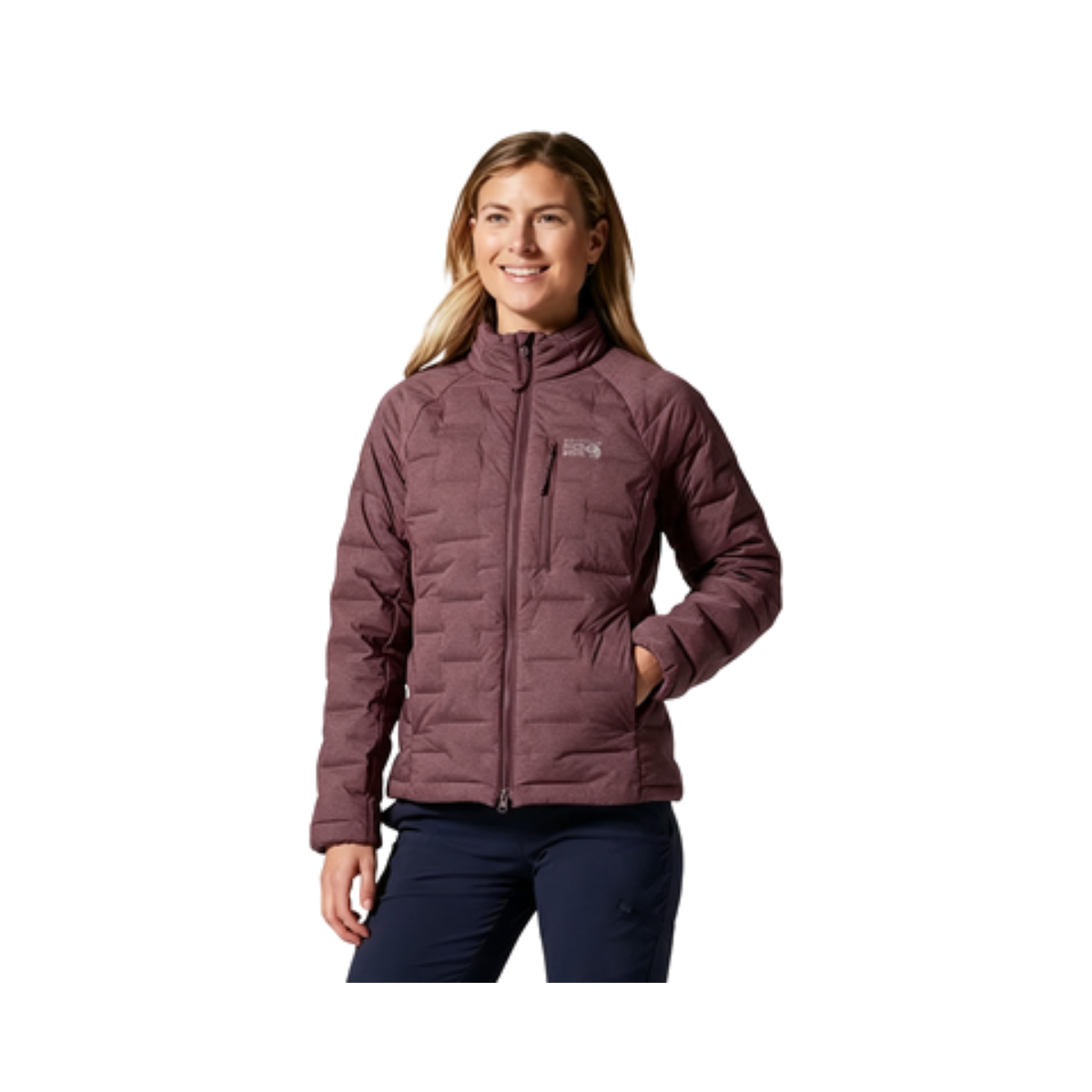 Women's quilted insulated jacket in dusty mauve, full zip, front view on model