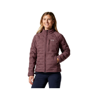 Women's quilted insulated jacket in dusty mauve, full zip, front view on model