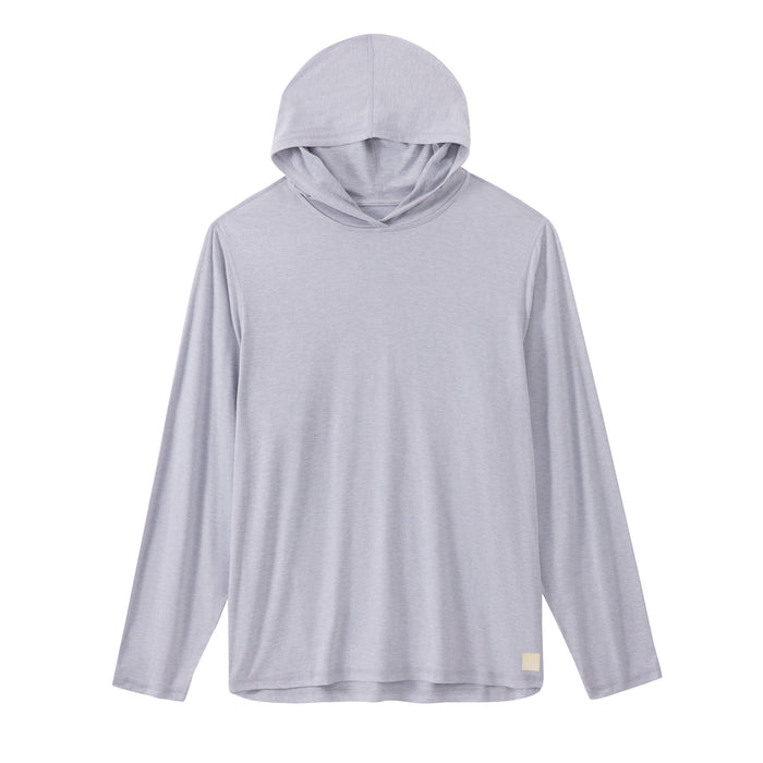 Light gray long-sleeve pullover hoodie with lightweight fabric, front view