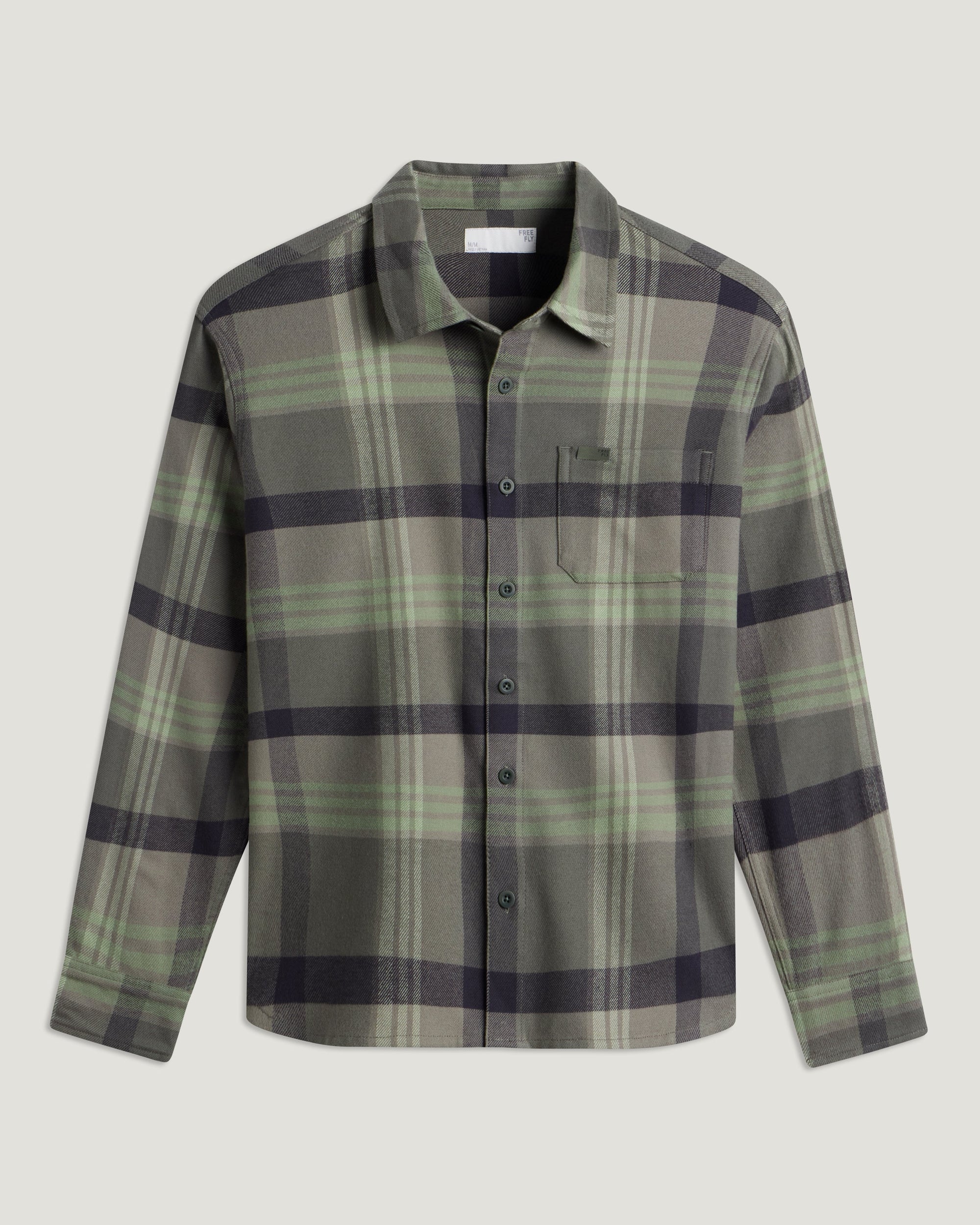 Men's long-sleeve plaid flannel shirt with button front, chest pocket, and spread collar