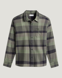 Men's long-sleeve plaid flannel shirt with button front, chest pocket, and spread collar