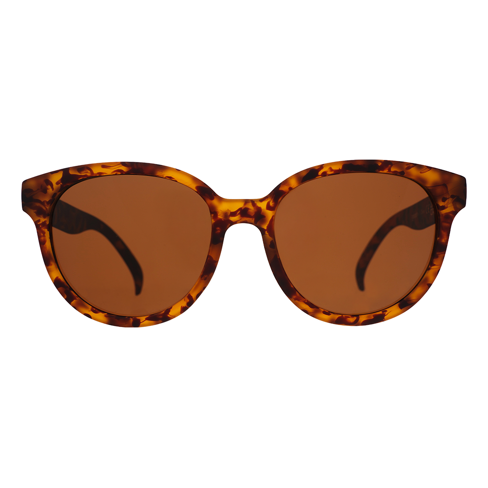 Round oversized sunglasses with tortoiseshell frame and brown tinted lenses, front view