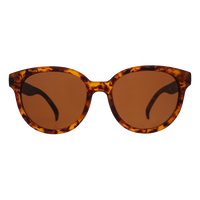 Round oversized sunglasses with tortoiseshell frame and brown tinted lenses, front view
