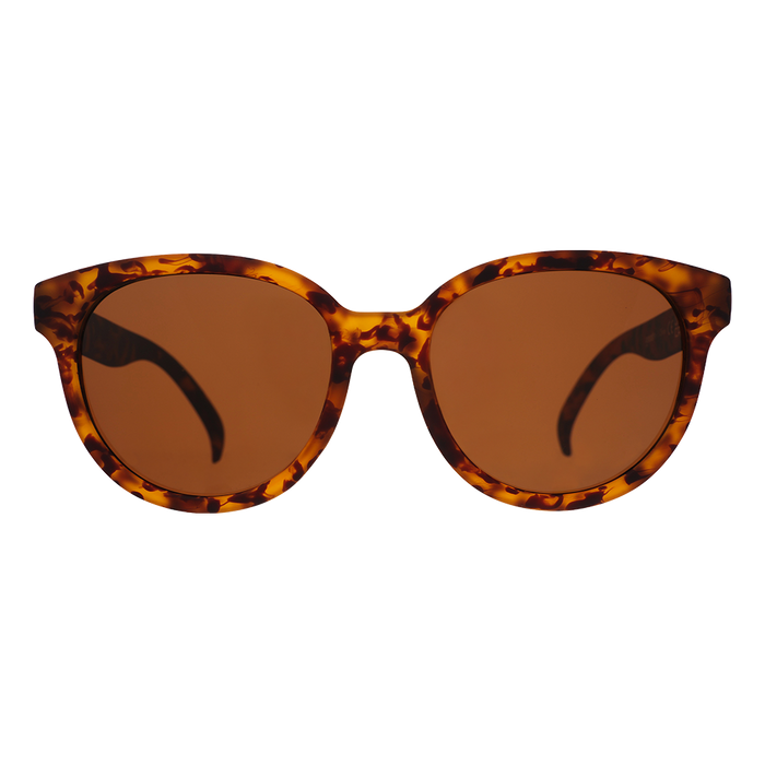 Round oversized sunglasses with tortoiseshell frame and brown tinted lenses, front view