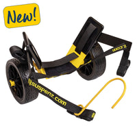 Wheeled kayak cart with black frame, yellow accents, and adjustable straps