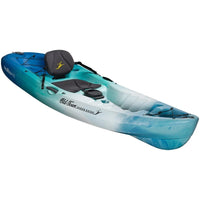 Single-seat recreational kayak with blue-to-white gradient design, padded seat, and front storage area