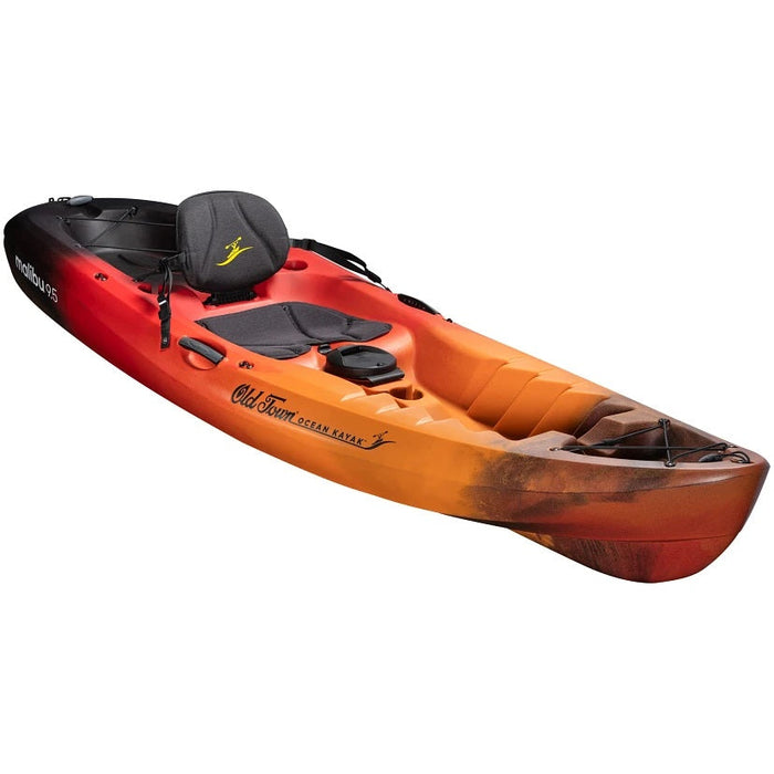 Single-seat recreational kayak in red-orange gradient with padded seat and storage compartments