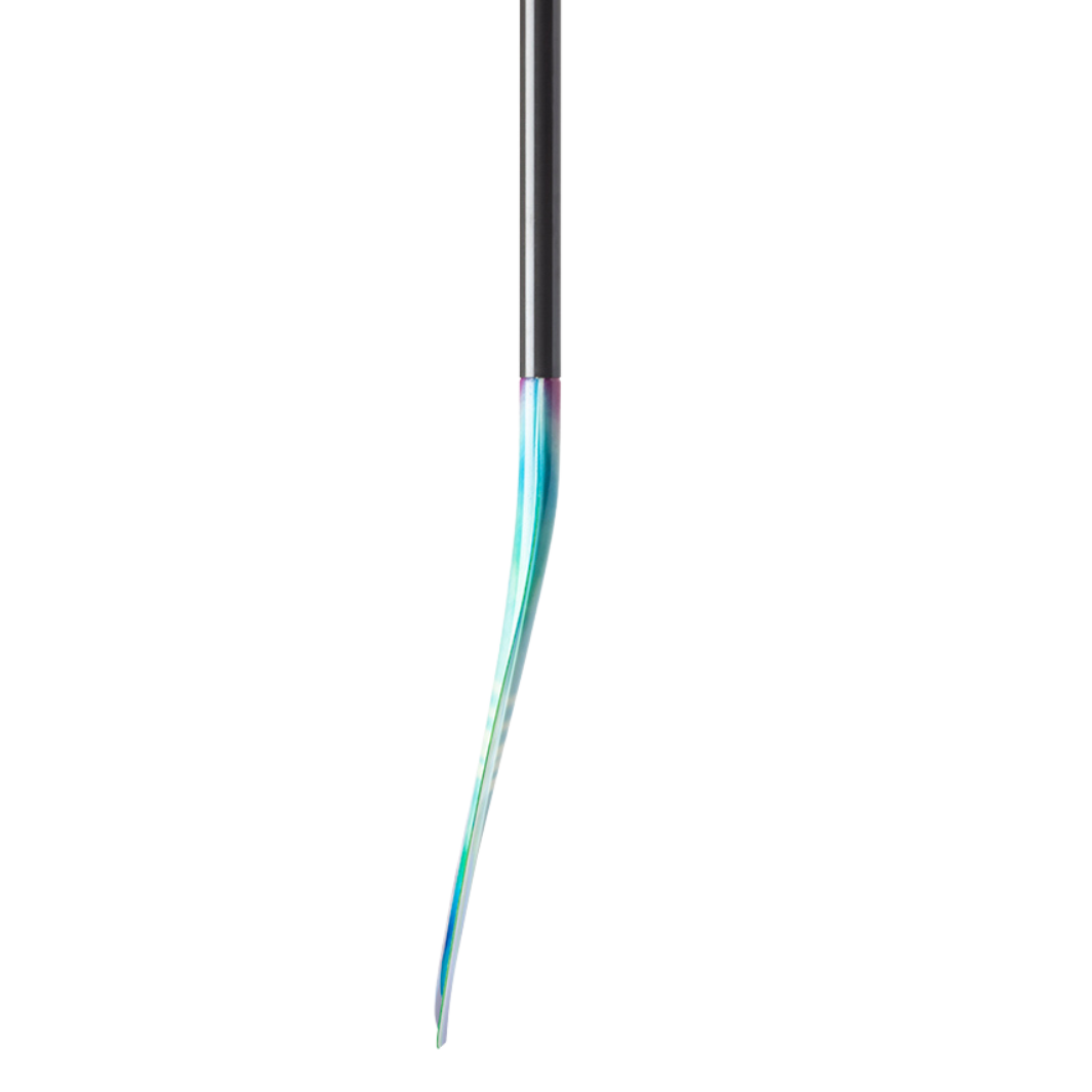 Fiberglass paddle blade with iridescent blue-green finish shown in profile view