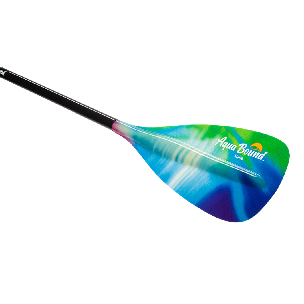 Fiberglass stand-up paddle with colorful gradient blade featuring blue, green and purple aurora pattern