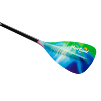 Fiberglass stand-up paddle with colorful gradient blade featuring blue, green and purple aurora pattern