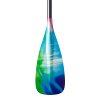 Fiberglass paddle blade with colorful aurora-inspired gradient design on clean white background