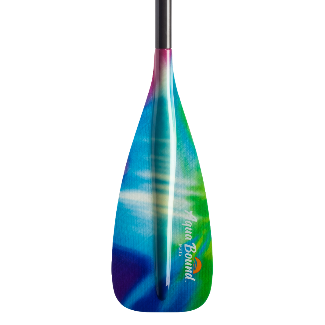 Colorful fiberglass paddle blade with aurora-inspired gradient from purple to blue to green