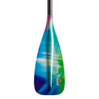 Colorful fiberglass paddle blade with aurora-inspired gradient from purple to blue to green