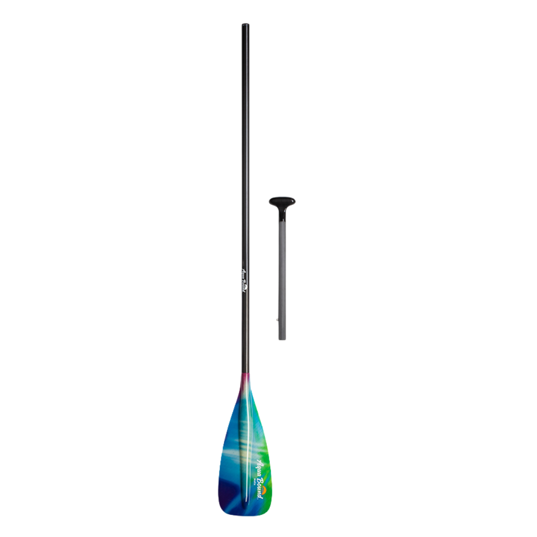 Two-piece fiberglass stand-up paddle with colorful gradient blade and black shaft