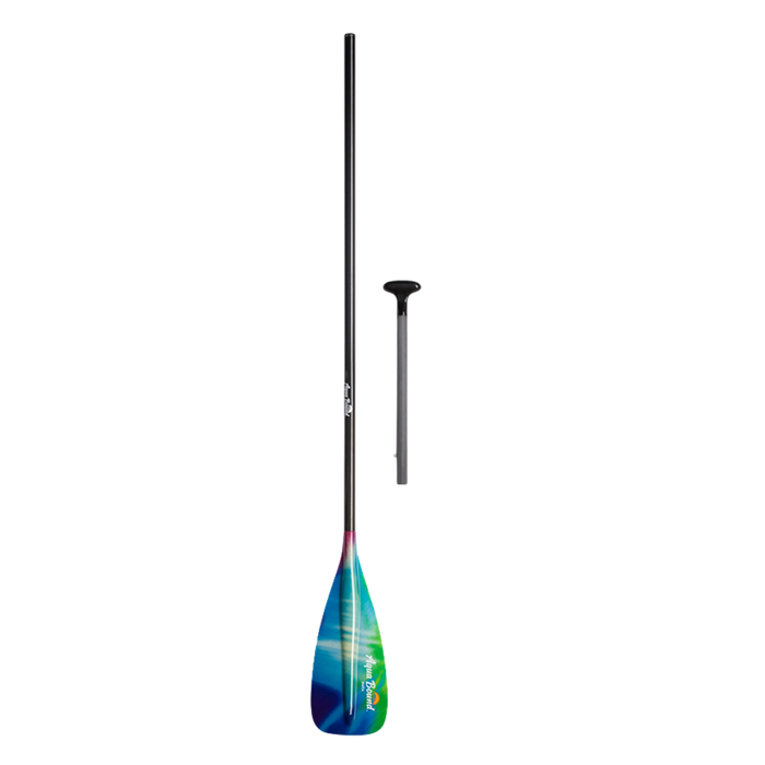 Two-piece fiberglass stand-up paddle with colorful gradient blade and black shaft