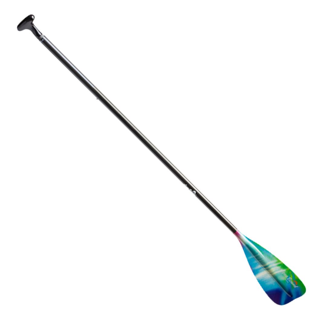 Two-piece stand-up paddle board paddle with colorful aurora-patterned blade on white background