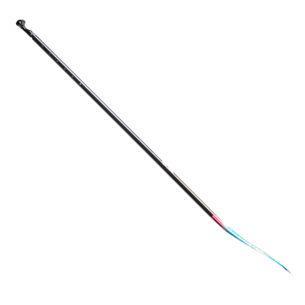 Two-piece stand-up paddle with black shaft and multicolored gradient blade in diagonal view