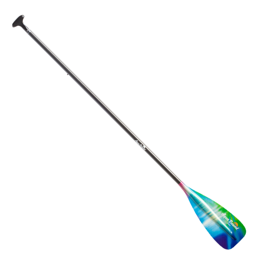 Two-piece stand-up paddle with carbon fiber shaft and colorful gradient blade featuring aurora pattern
