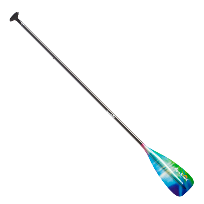 Two-piece stand-up paddle with carbon fiber shaft and colorful gradient blade featuring aurora pattern