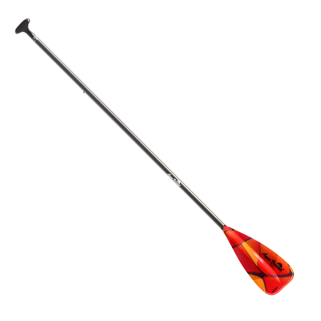 Two-piece stand-up paddle with carbon fiber shaft and red-orange gradient blade