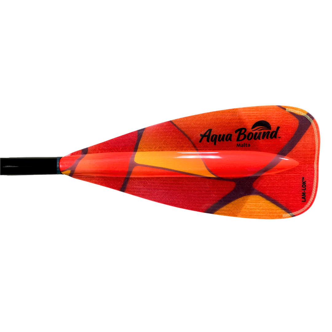 Fiberglass stand-up paddle blade with vibrant orange and red gradient pattern design