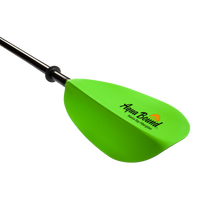 Bright green kayak paddle blade with black shaft, close-up angled view