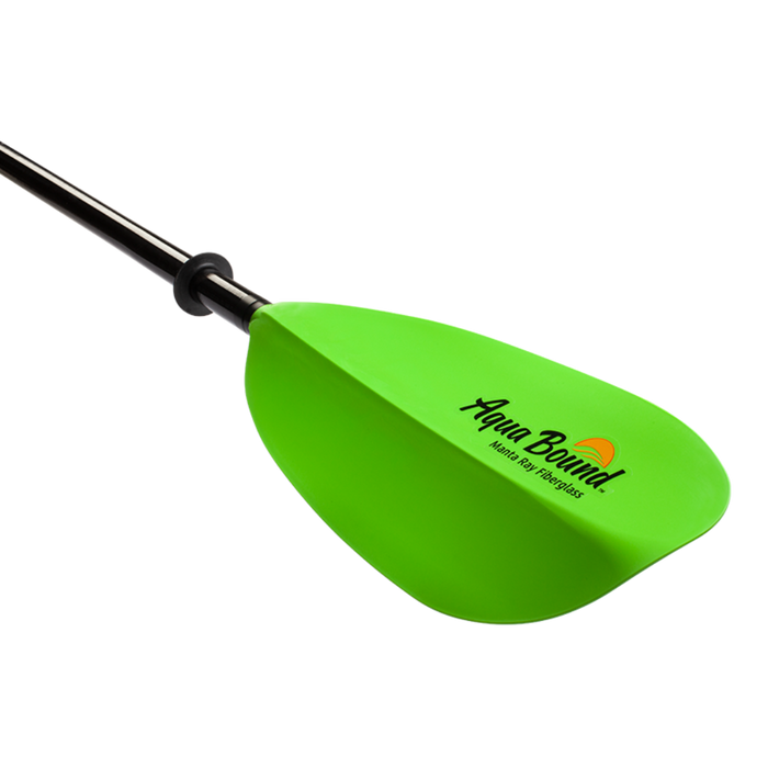 Bright green kayak paddle blade with black shaft, close-up angled view