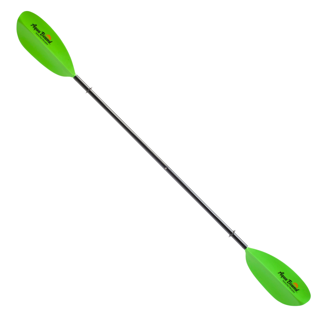Two-piece kayak paddle with bright green blades and black carbon fiber shaft on white background