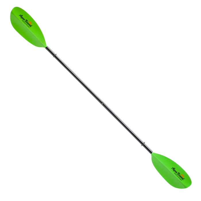 Two-piece kayak paddle with bright green blades and black carbon fiber shaft on white background