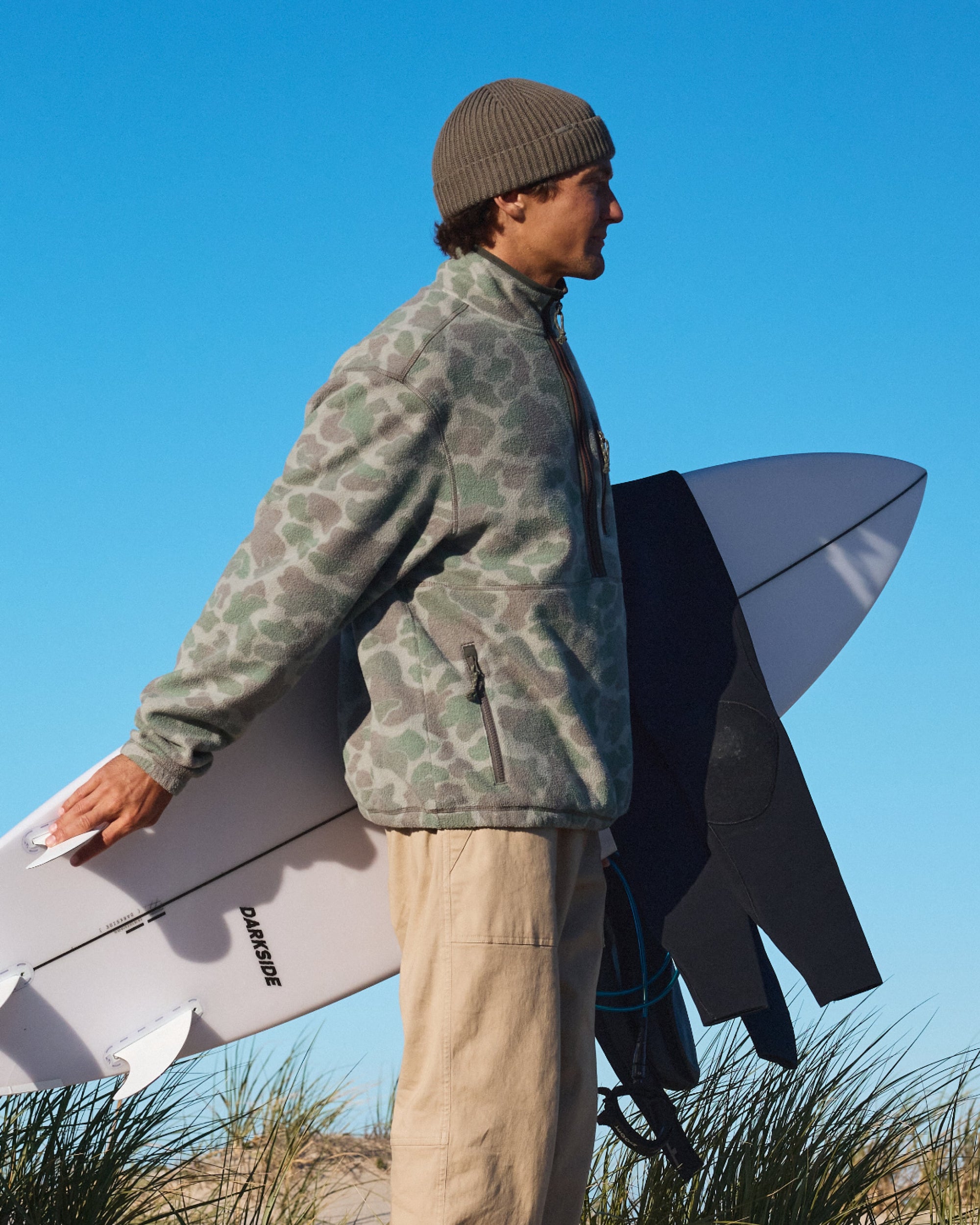 Man carrying surfboard wearing a camo-patterned fleece half-zip pullover, side profile view