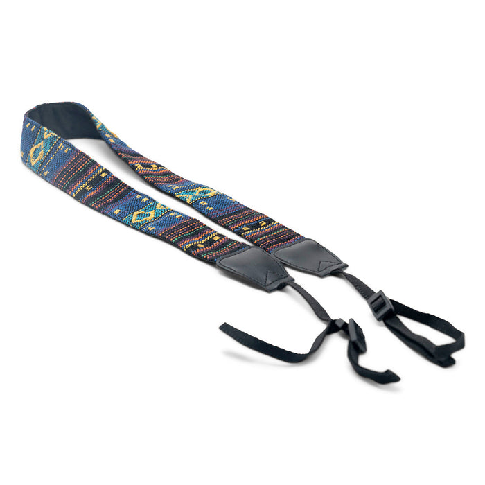 Woven tapestry camera strap with colorful geometric pattern and black leather ends and buckle clips