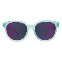 Round sunglasses with mint green frames and purple mirrored lenses, front view