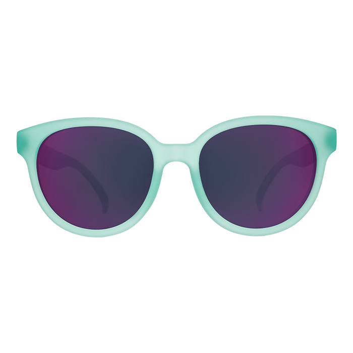 Round sunglasses with mint green frames and purple mirrored lenses, front view